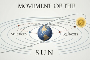Earth's orbit around the Sun illustrates solstices and equinoxes, representing celestial movement and seasons.