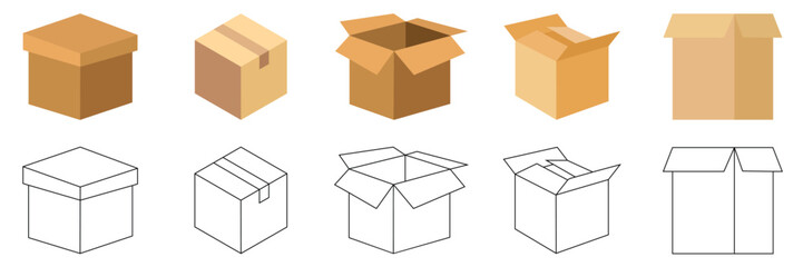 Cardboard Box & Parcel Delivery Icon Set – Flat, Isometric, and Line Style Packaging 
Vector Collection