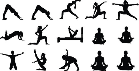 Obraz premium yoga, Pilates, silhouette, pose, stretching, balance, strength, flexibility, reformer, meditation, exercise, fitness, posture, wellness, movement