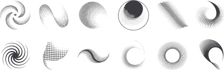 Black and white abstract halftone swirl shapes collection with modern dotted circular design elements for graphic design backgrounds and creative artwork