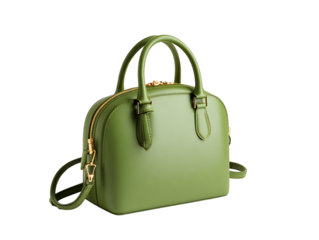 Elegant green leather handbag with gold hardware and top handles isolated on white background, luxury women’s fashion accessory