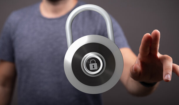Secure concept with a padlock, protection, and a hand gesturing. Data safety and security with a digital symbol - Powered by Adobe