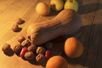 Close up of vegetables and fruits on wooden table