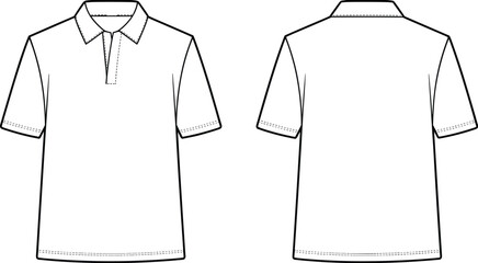 Blank polo shirt fashion flat sketch front and back view, short sleeve technical drawing template, apparel design outline for clothing mockup illustration