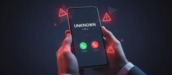 Person holding a smartphone displaying an incoming call from an unknown number, surrounded by glowing red triangular warning icons, symbolizing risk, scam, and potential fraud