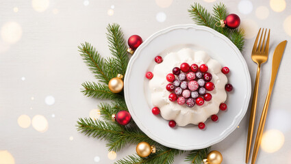 Christmas dessert with meringue and cranberries served on white plate with festive decorations, pine branches and golden cutlery. Holiday food concept