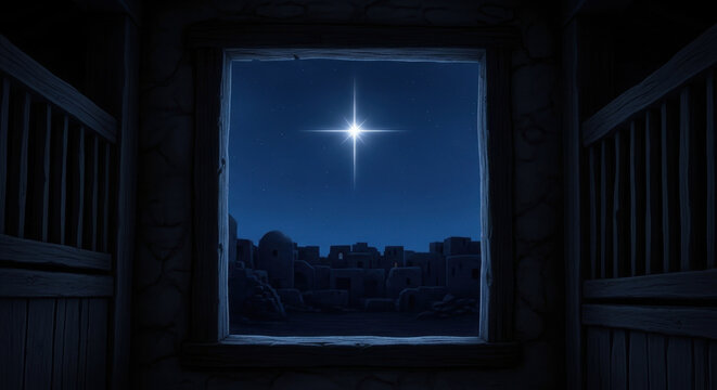 star of bethlehem shines brightly in night sky over ancient city, viewed from rustic stable. biblical nativity scene. christian christmas story. greeting card, banner.