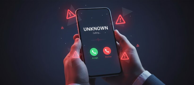 Person holding a smartphone displaying an incoming call from an unknown number, surrounded by glowing red triangular warning icons, symbolizing risk, scam, and potential fraud - Powered by Adobe