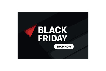 flat vector banner BLACK FRIDAY layered diagonal panels (black/gray) with red accent notch headline left white CTA bar right corporate tech design