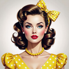 Vintage 1950s style portrait of glamorous young woman with retro hairstyle, red lips and polka dot dress on white background.