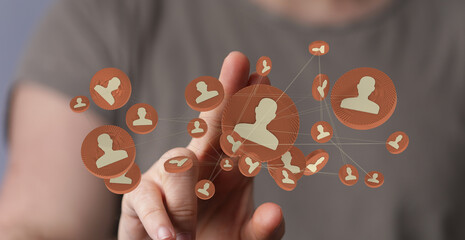 Hand touches digital network of people, perfect for business, social media, or technology concepts.