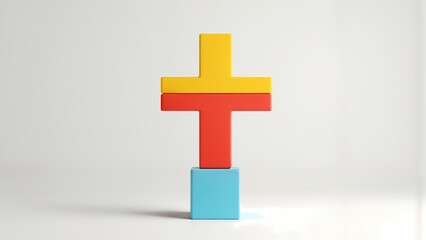 A multi-colored cross sits on top of a blue block.