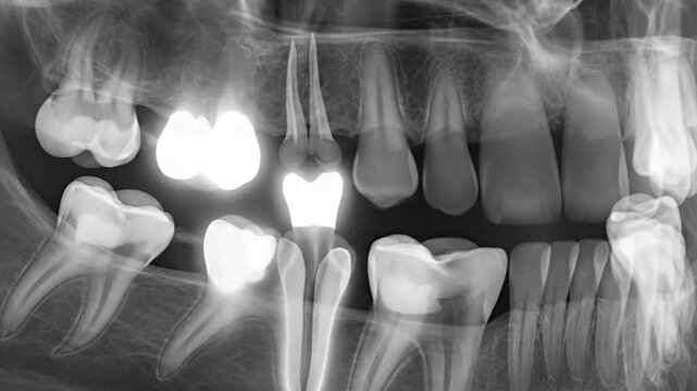 Animated panoramic dental X-ray scan highlighting human teeth with luminous effect