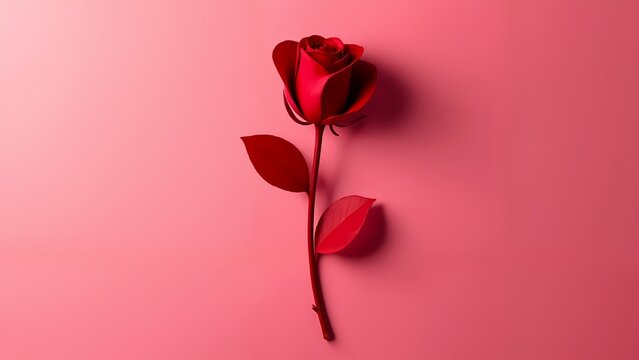A close-up of a vibrant red rose against a pink backdrop.
