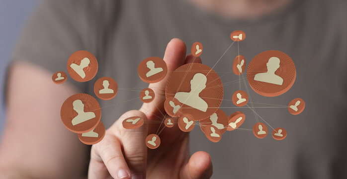 Hand touches digital network of people, perfect for business, social media, or technology concepts.