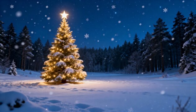 Magical Christmas tree with glowing lights in a snowy winter forest at night. Serene holiday landscape with falling snow. - Powered by Adobe
