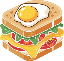 Cartoon illustration of delicious sandwich with fried egg, melted cheese, lettuce, tomato, and toasted bread, colorful fast food artwork