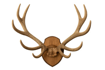 Fototapeta premium Deer antlers mounted on wooden plaque with a transparent background representing hunting, trophy, and rustic decor