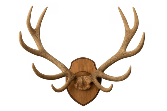 Deer antlers mounted on wooden plaque with a transparent background representing hunting, trophy, and rustic decor - Powered by Adobe