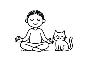 handdrawn cute doodle style person meditating with cat nearby vector line illustration