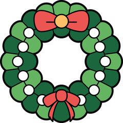 Colorful cartoon Christmas wreath illustration with green leaves, red bows, and white decorations on blue background for festive holiday design