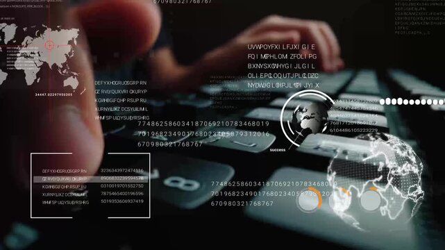 Man working on laptop computer keyboard with graphic user interface GUI hologram showing concepts of big data science technology, digital network connection and computer programming algorithm. Glean - Powered by Adobe