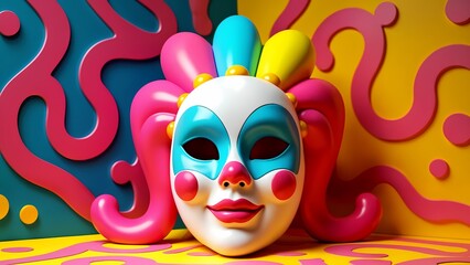 A 3D rendering of a white mask with blue eyes and red lips.