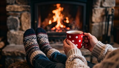 Person relaxing with a hot drink by a cozy fireplace. Woman in warm socks enjoying a tranquil winter evening at home. Hygge lifestyle concept