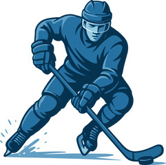 Obraz premium Blue hockey player skating with stick and puck ice hockey