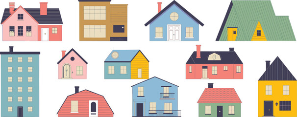 Colorful collection of modern cartoon houses, cute flat residential buildings, creative home architecture illustration for real estate and city design