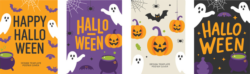 Colorful Halloween poster collection with ghosts, pumpkins, bats, spider webs, cauldrons, festive spooky elements