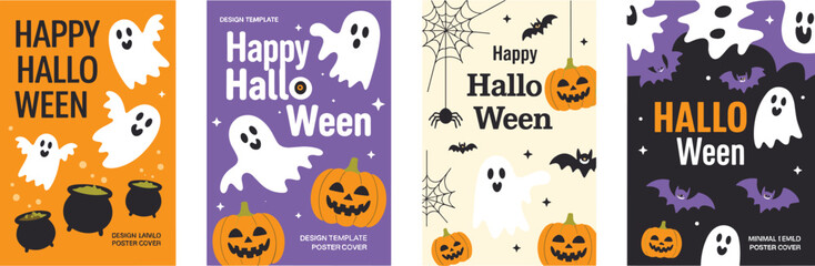 Colorful Halloween poster collection with ghosts, pumpkins, bats, spider webs, cauldrons, festive spooky elements