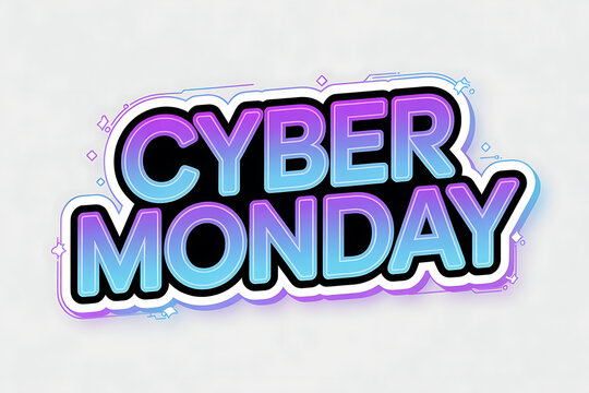 Explosive Cyber Monday sales event announcement graphic with vibrant neon gradient text and dynamic starbursts, perfect for promotions and advertising campaigns
