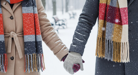 A couple in love holding hands in a snowy forest during a winter day