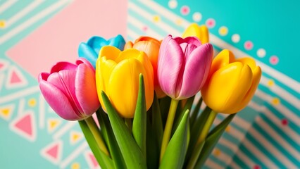 A close-up view of a bouquet of yellow and pink tulips.