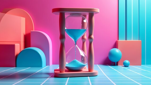 A 3D rendering of a sand timer on a blue tiled floor.