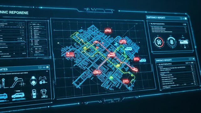 Digital city map emergency vehicle traffic routes data interface futuristic display urban planning technology screen blue neon vehicle tracking