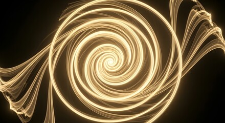 Mesmerizing abstract digital art featuring a vibrant golden glowing spiral and dynamic luminous swirling lines, creating an energy vortex on a black background