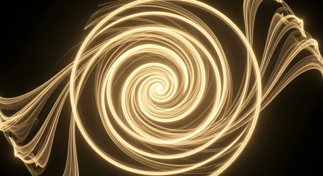 Mesmerizing abstract digital art featuring a vibrant golden glowing spiral and dynamic luminous swirling lines, creating an energy vortex on a black background