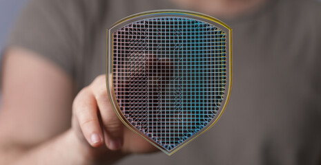 Hand touching digital shield representing cybersecurity, data protection, and information security....