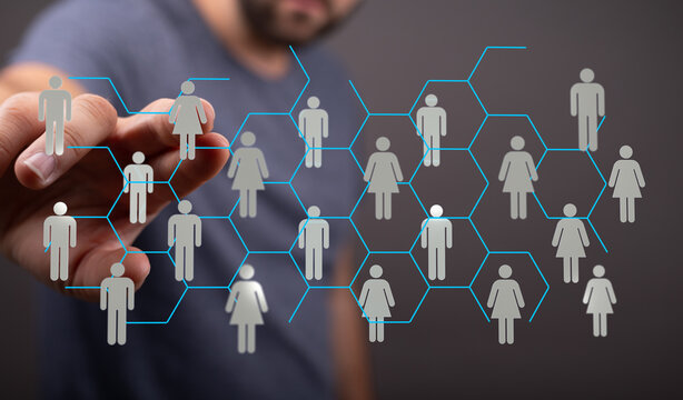 Concept of teamwork and social connection, showing a person connecting to a network of individuals. Perfect for business and collaboration theme