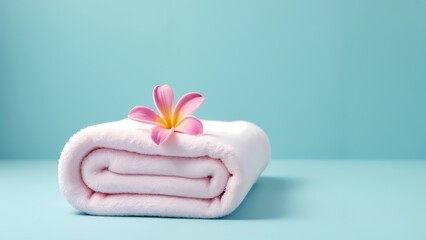 A rolled up white towel with a pink flower on top of it.