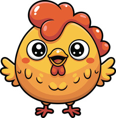 Cute cartoon rooster illustration with big eyes, happy expression, colorful feathers, adorable farm animal character design for kids and stickers