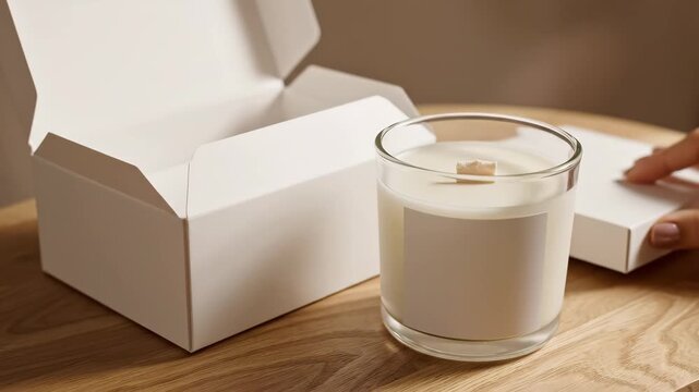 Candle and Packaging Mockup - This video showcases a clear glass candle with a white label and wooden wick next to an open white box on a light wood surface.
