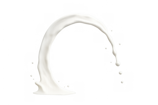 Milk splash creating an arc shape with falling drops, fresh liquid pouring on transparent background