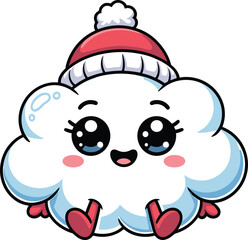 Cute kawaii cartoon cloud character wearing red winter hat and boots with happy face on blue background for Christmas design