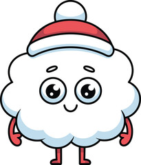 Cute kawaii cartoon cloud character wearing red winter hat and boots with happy face on blue background for Christmas design