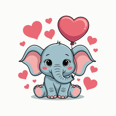 Cute cartoon baby elephant holding a pink heart balloon surrounded by pink hearts adorable vector illustration.