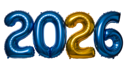Bright blue and golden foil balloons forming the year 2026, isolated on a transparent background, PNG representing upcoming events and future celebration.