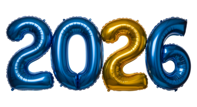 Bright blue and golden foil balloons forming the year 2026, isolated on a transparent background, PNG representing upcoming events and future celebration.
